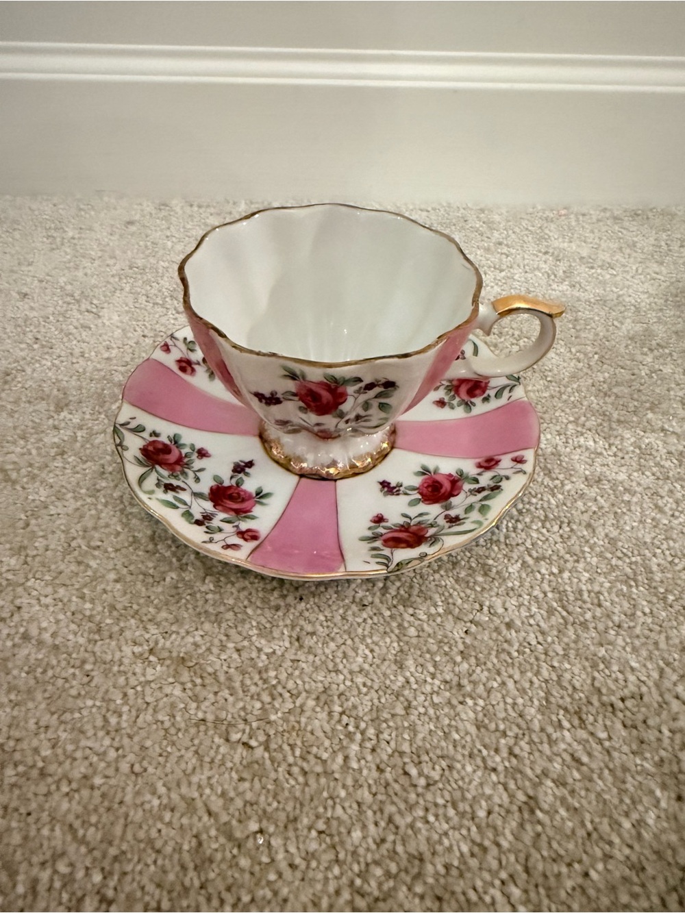 Pink Floral Teacup and Saucer with Gold Trim made in Japan
